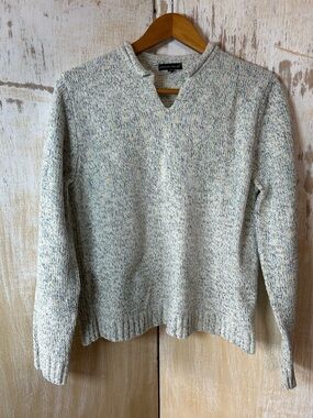 Carolyn Taylor Marled Cream and Light Blue V-Neck Sweater